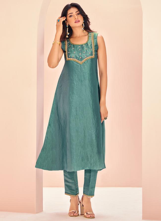 Organza Aqua Blue Party Wear Hand Work Readymade Kurti With Pant